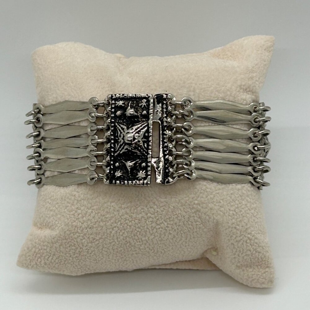 Vintage Mexican Alpaca Silver Panel Bracelet Aztec Motif Made in Mexico Boho - Picture 4 of 14